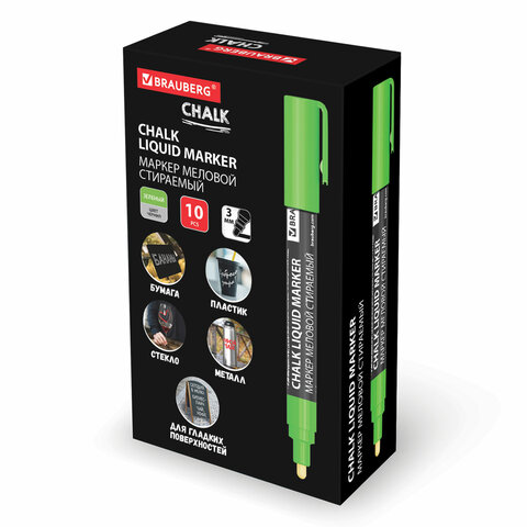 Маркер меловой CHALK LIQUID MARKER, ЗЕЛЕНЫЙ, 3 мм, стираемый, BRAUBERG