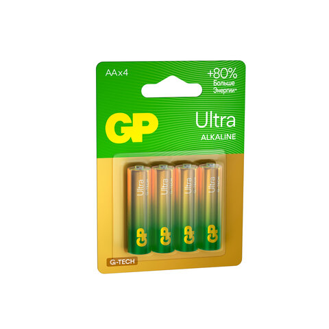 Батарейки КОМПЛЕКТ 4 шт., GP Ultra G-Tech, AA (LR6, 15А), алкалиновые,
