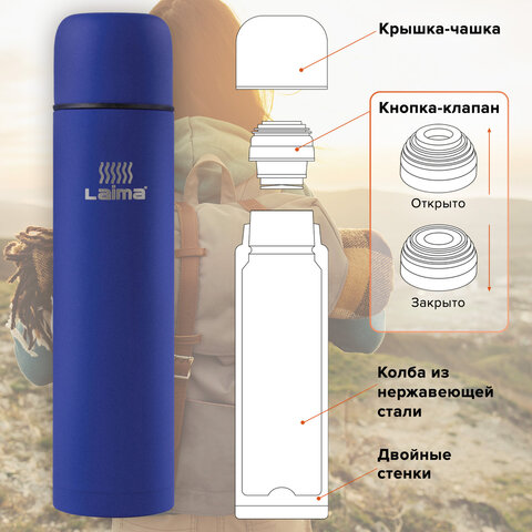 Термос ЛАЙМА классический с узким горлом, 1 л, нержавеющая сталь, синий, 605124 Термос ЛАЙМА классический с узким горлом, 1 л, нержавеющая сталь, синий, 605124