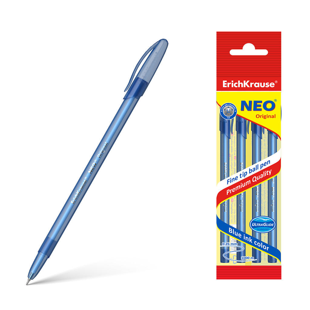 Ручка шариковая ErichKrause® Neo® Original, цвет чернил синий (в пакете по 4 Ручка шариковая ErichKrause® Neo® Original, цвет чернил синий (в пакете по 4