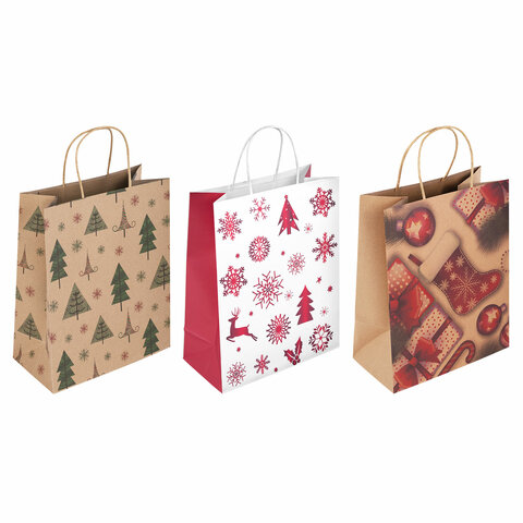 Пакет подарочный (1 штука) новогодний 26x13x32 см, "Kraft Winter Set", Пакет подарочный (1 штука) новогодний 26x13x32 см, "Kraft Winter Set",