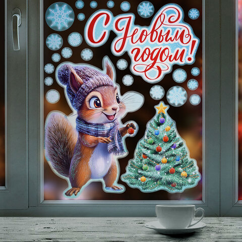 Наклейка для окон двусторонняя, 30х38 см "Белочка", глиттер, серебро, Наклейка для окон двусторонняя, 30х38 см "Белочка", глиттер, серебро,