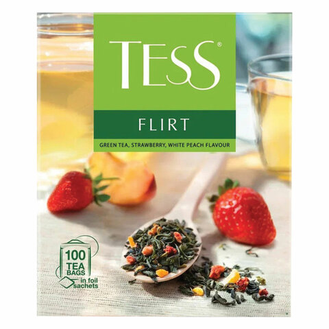 Чай TESS (Тесс) "Flirt", зеленый с клубникой и персиком, 100 пакетиков Чай TESS (Тесс) "Flirt", зеленый с клубникой и персиком, 100 пакетиков