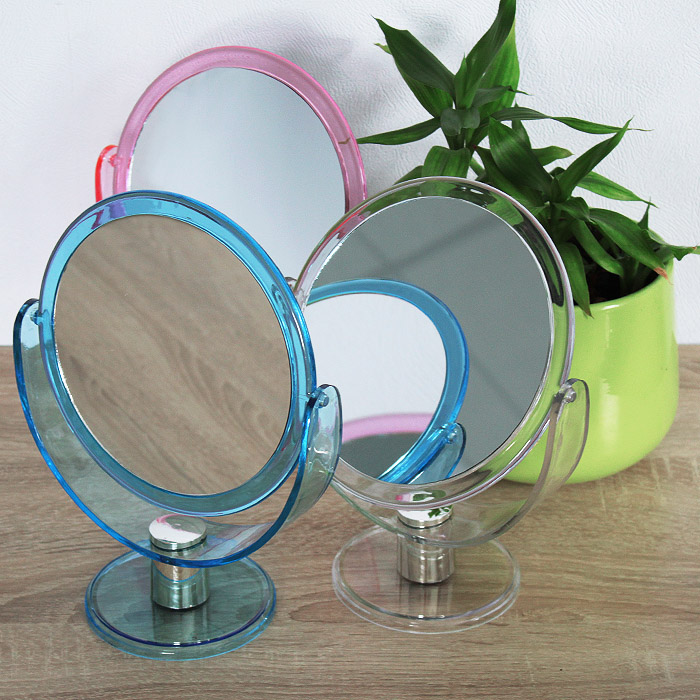 Зеркало настольное круглое d-14см двустороннее пластиковое на ножке ассорти Зеркало настольное круглое d-14см двустороннее пластиковое на ножке ассорти