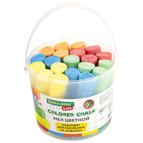 Мел в ведерке для рисования на асфальте 20 штук, 5 цветов, цветной круглый,