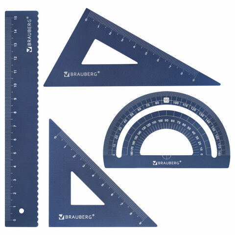 Набор чертежный металлический BRAUBERG (линейка 15 см, 2 треугольника, Набор чертежный металлический BRAUBERG (линейка 15 см, 2 треугольника,