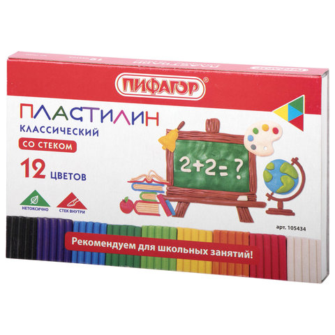 Пластилин классический ПИФАГОР ШКОЛЬНЫЙ, 12 цветов, 180 г, со стеком, 105434 Пластилин классический ПИФАГОР ШКОЛЬНЫЙ, 12 цветов, 180 г, со стеком, 105434