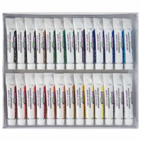 Краски акриловые художественные 26 шт. по 12 мл, холсты 3 шт., кисти 6 шт.,