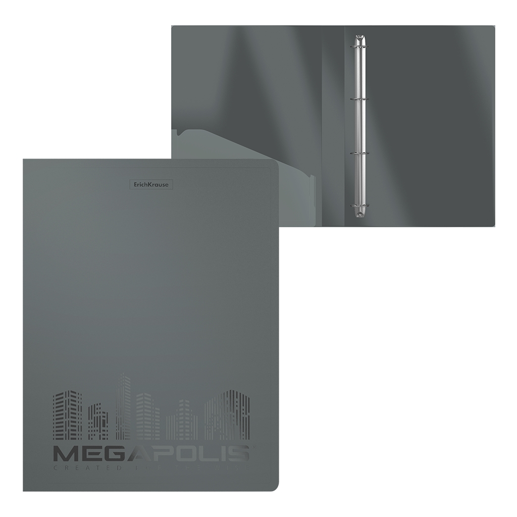 Папка на 4 кольцах пластиковая Erich Krause MEGAPOLIS, 24 мм, А4, серый (в Папка на 4 кольцах пластиковая Erich Krause MEGAPOLIS, 24 мм, А4, серый (в