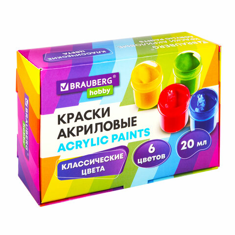 Краски акриловые для рисования и творчества 6 цветов по 20 мл, BRAUBERG HOBBY,