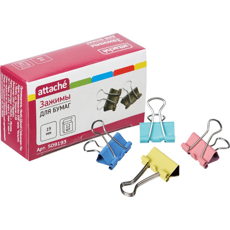 Зажим для бумаг цветные 19мм 12шт/уп Attache, в картонной коробке 969419 Зажим для бумаг цветные 19мм 12шт/уп Attache, в картонной коробке 969419
