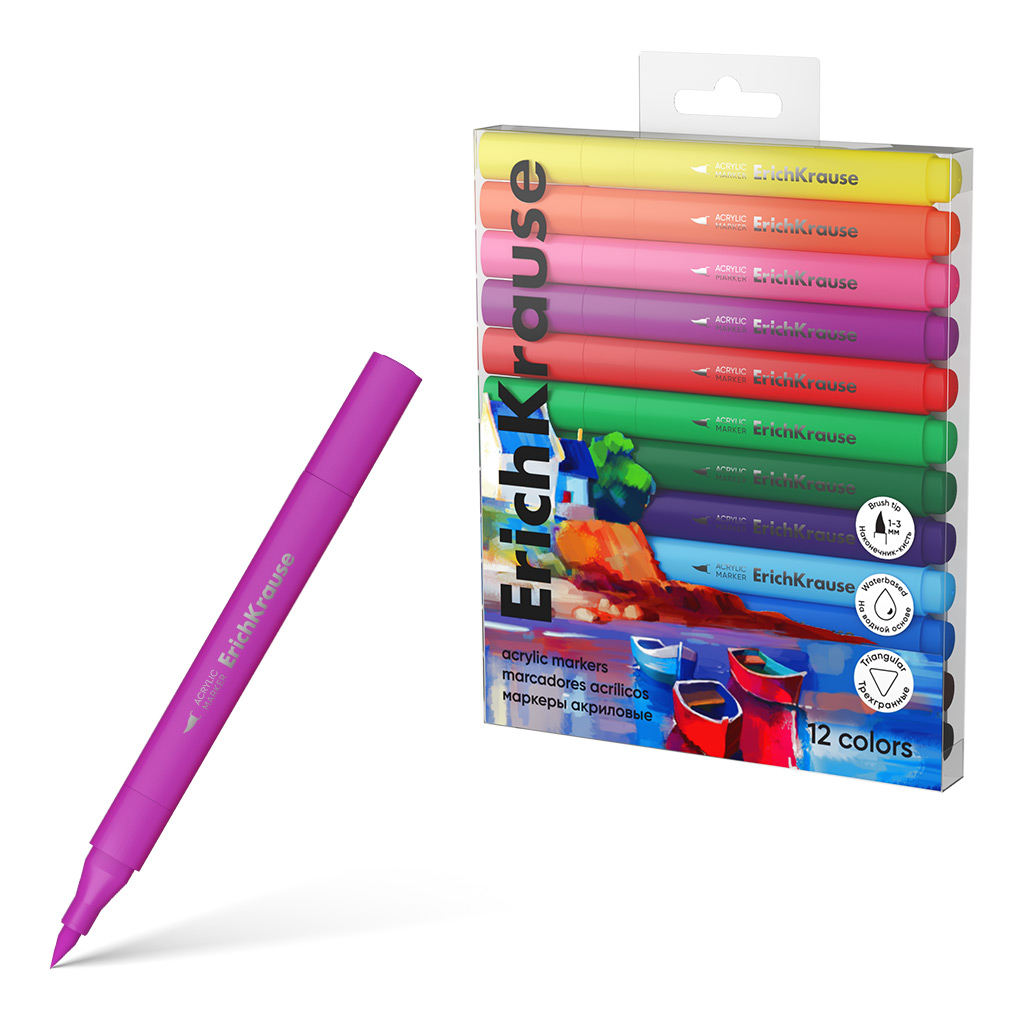 Маркеры акриловые ErichKrause Art Spirit с наконечником кистью 12 цветов (в Маркеры акриловые ErichKrause Art Spirit с наконечником кистью 12 цветов (в