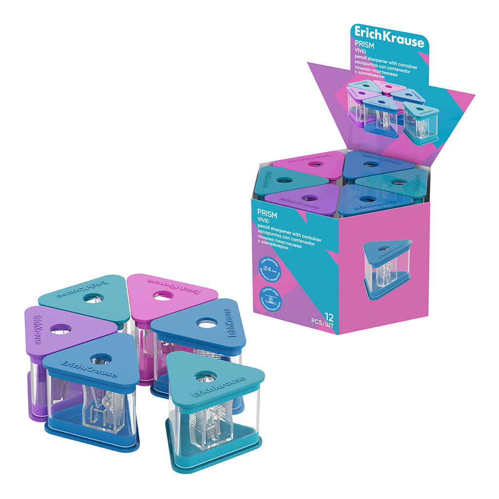 Точилка пластиковая ErichKrause Prism, Vivid, с контейнером, ассорти (в Точилка пластиковая ErichKrause Prism, Vivid, с контейнером, ассорти (в