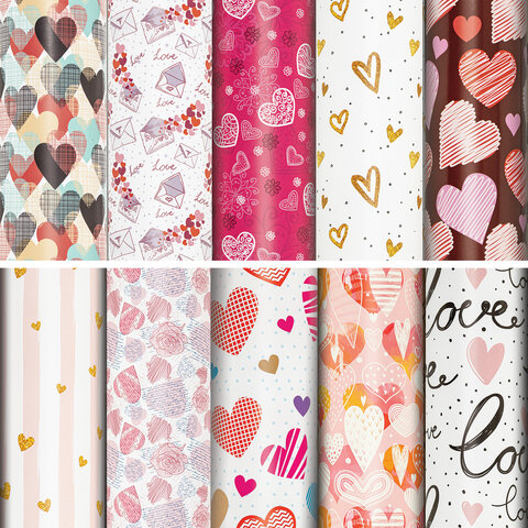 Бумага упаковочная "Love Story", 70x100 см, 10 дизайнов ассорти, Бумага упаковочная "Love Story", 70x100 см, 10 дизайнов ассорти,