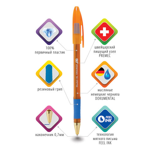 Ручка шариковая масляная с грипом BRAUBERG Model-XL ORANGE, СИНЯЯ, узел 0,7мм,