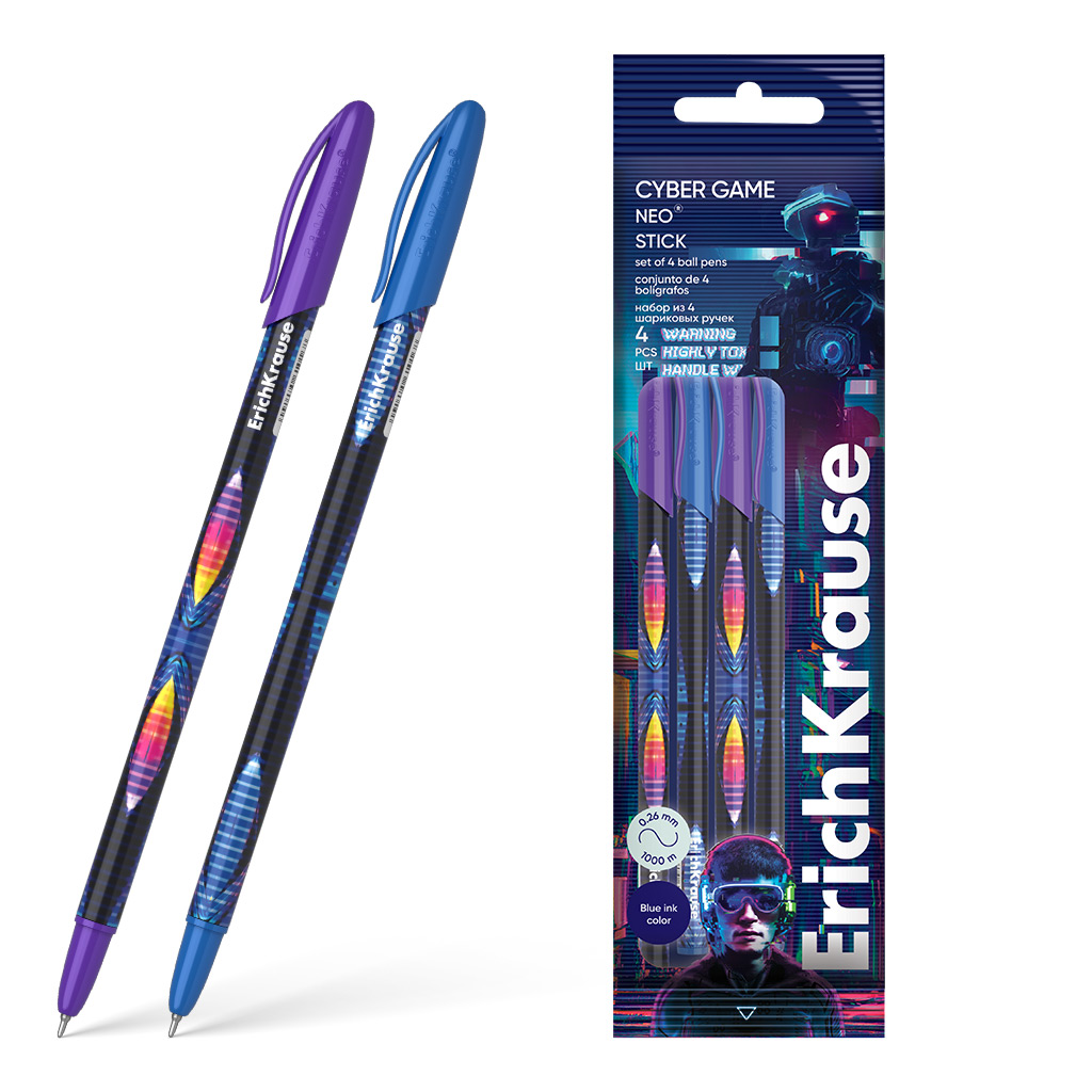 Набор из 4 ручек шариковых Erich Krause Neo® Stick Cyber Game 0.7, Super Glide Набор из 4 ручек шариковых Erich Krause Neo® Stick Cyber Game 0.7, Super Glide