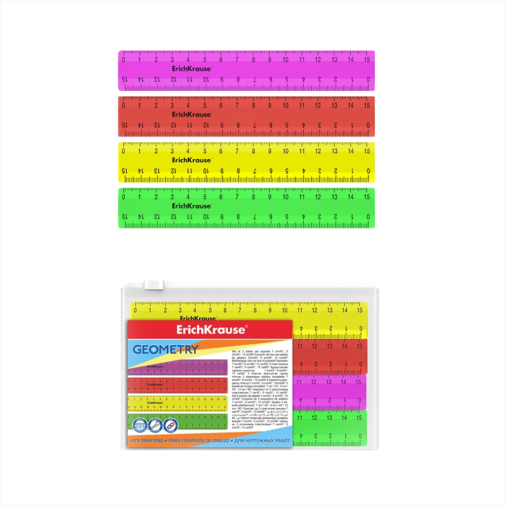 Набор из 4 пластиковых линеек ErichKrause® Neon Solid, 15см, ассорти из 4 Набор из 4 пластиковых линеек ErichKrause® Neon Solid, 15см, ассорти из 4