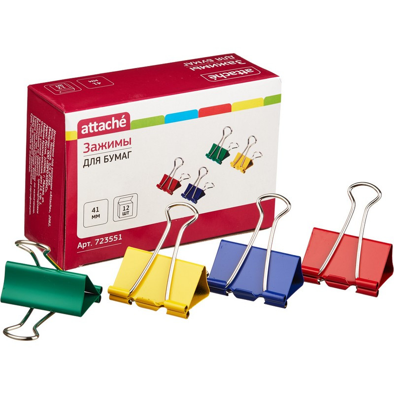 Зажим для бумаг Attache, 41 мм, 12 шт., цветные, в карт.коробке Зажим для бумаг Attache, 41 мм, 12 шт., цветные, в карт.коробке