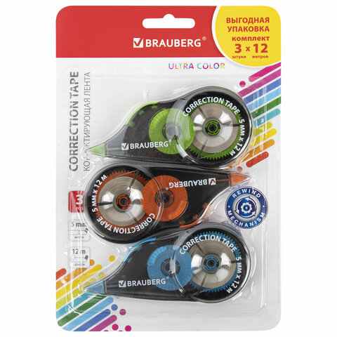 Корректирующая лента BRAUBERG ULTRA COLOR, 5 мм x 12 м, механизм перемотки, Корректирующая лента BRAUBERG ULTRA COLOR, 5 мм x 12 м, механизм перемотки,