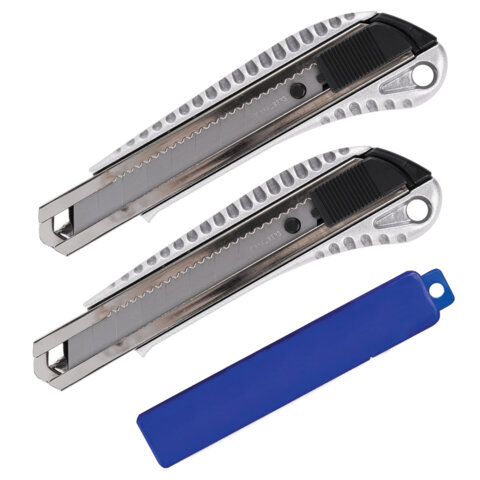 Нож канцелярский 18 мм, КОМПЛЕКТ 2 штуки + 10 ЛЕЗВИЙ, BRAUBERG Metallic,