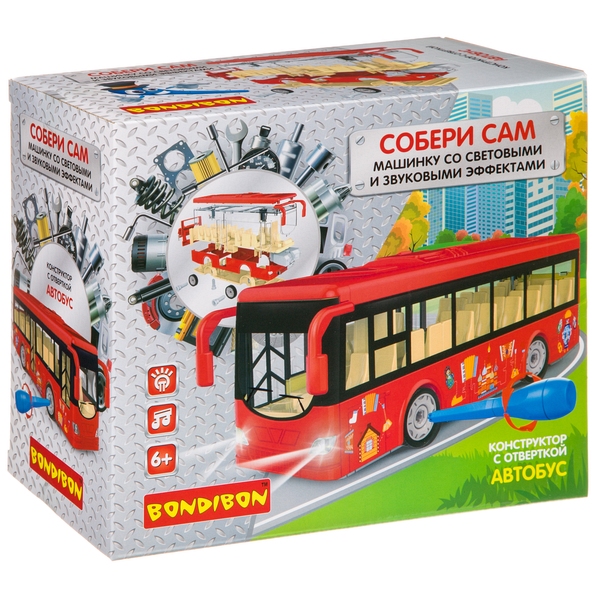 Конструктор с отверткой Bondibon, Собирай и Играй «АВТОБУС»,40 дет., красный, Конструктор с отверткой Bondibon, Собирай и Играй «АВТОБУС»,40 дет., красный,