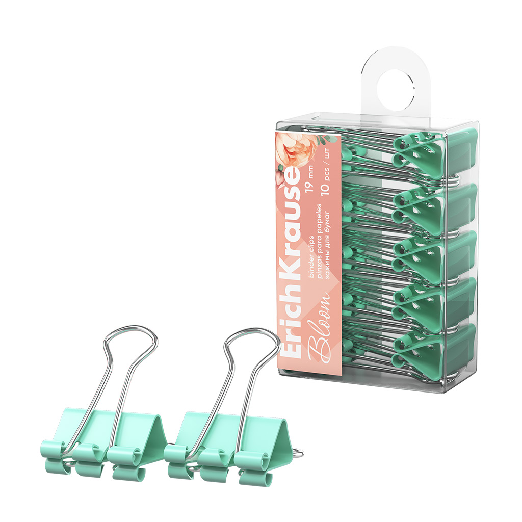 Зажимы для бумаг Erich Krause Pastel Bloom, 19 мм, Mint (в пэт-боксе по 10 штук) Зажимы для бумаг Erich Krause Pastel Bloom, 19 мм, Mint (в пэт-боксе по 10 штук)