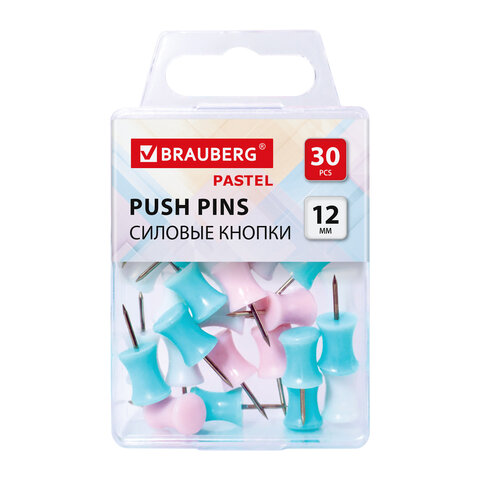 Силовые кнопки-гвоздики BRAUBERG PASTEL, пастельные цвета, 30 штук, 12мм, 272756