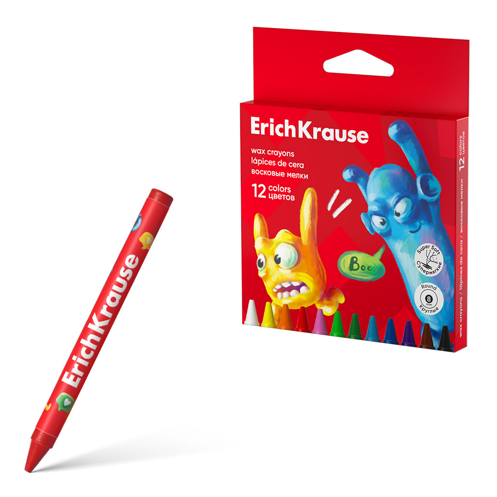 Восковые мелки ErichKrause Jolly Friends круглые, 8 мм, 12 цветов (в коробке с Восковые мелки ErichKrause Jolly Friends круглые, 8 мм, 12 цветов (в коробке с