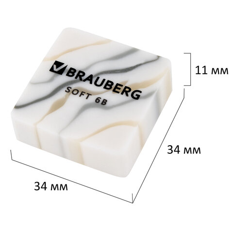 Ластики BRAUBERG "MARBLE", НАБОР 6 штук, 34х34х11 мм, квадратные,