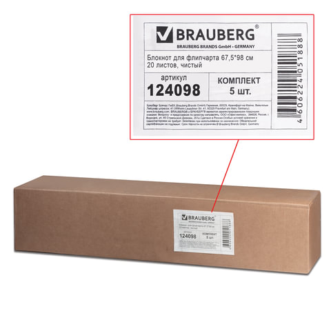 Блокноты для флипчарта BRAUBERG, комплект 5 штук, 20 листов, чистые, 67,5х98 см,