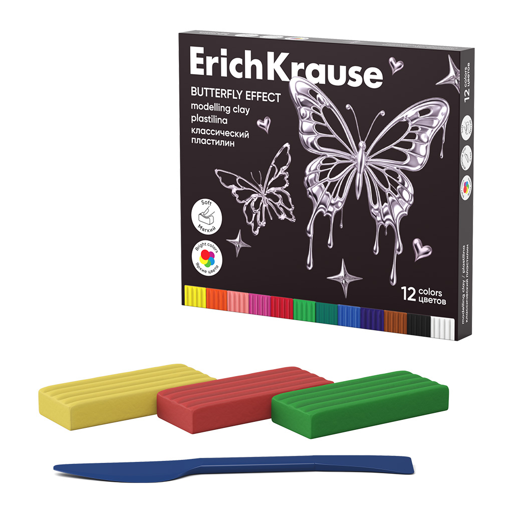 Пластилин классический ErichKrause Эффект бабочки 12 цветов со стеком, 192 г (в Пластилин классический ErichKrause Эффект бабочки 12 цветов со стеком, 192 г (в