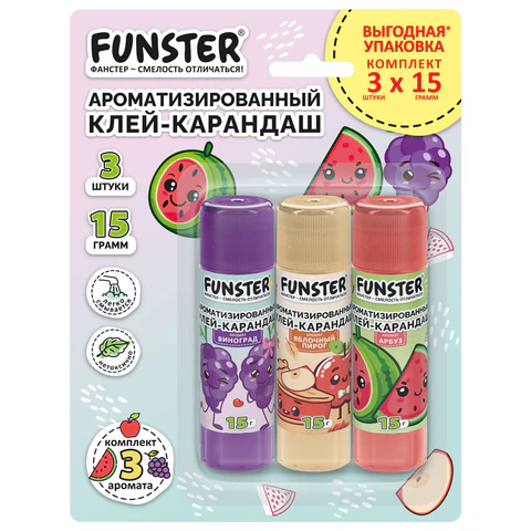 Клей-карандаш ароматизированный FUNSTER (ФАНСТЕР), яблоко, арбуз, виноград, 15 Клей-карандаш ароматизированный FUNSTER (ФАНСТЕР), яблоко, арбуз, виноград, 15