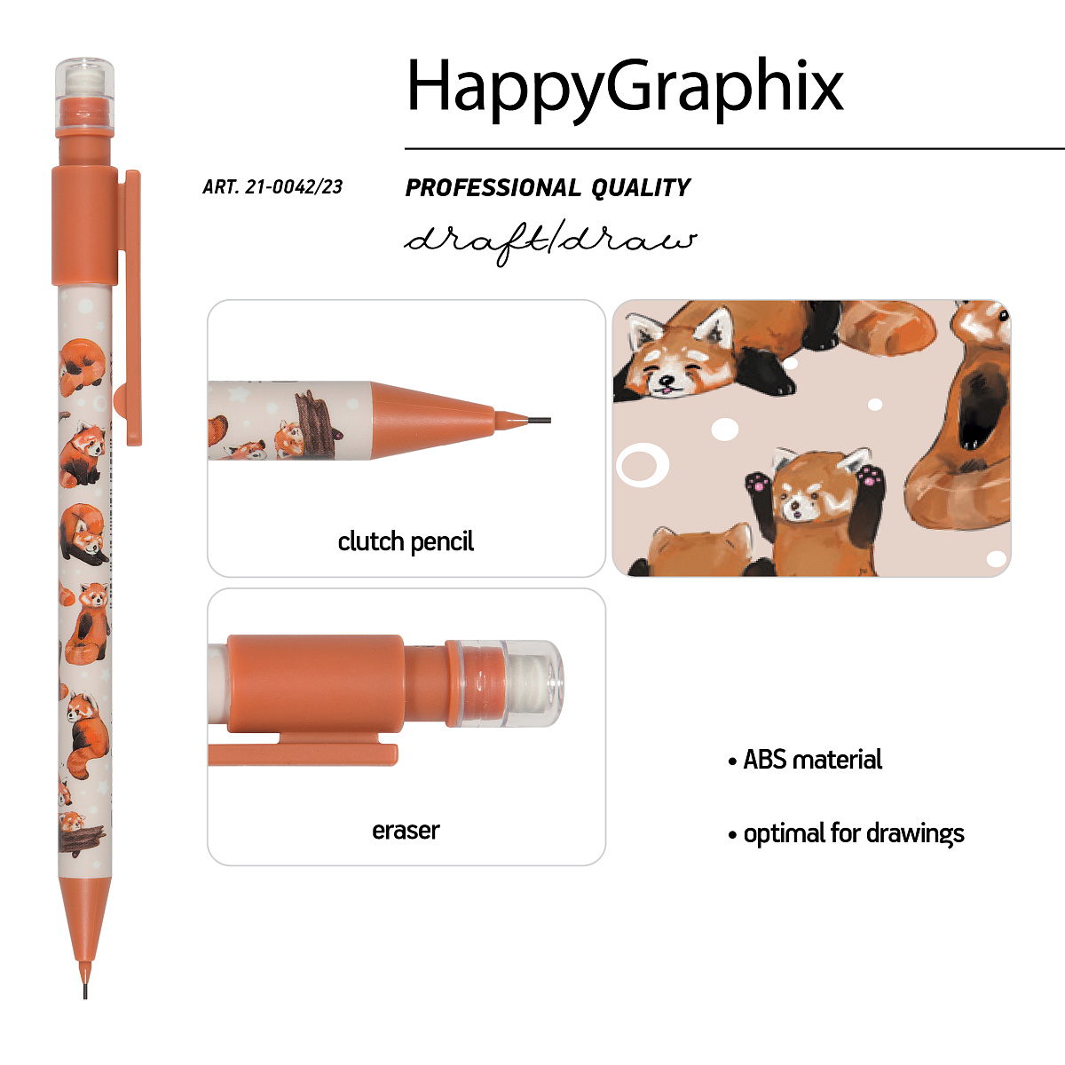 КАРАНДАШ МЕХАНИЧЕСКИЙ С ЛАСТИКОМ "HappyGraphix. Ред Панды" 0,7 ММ