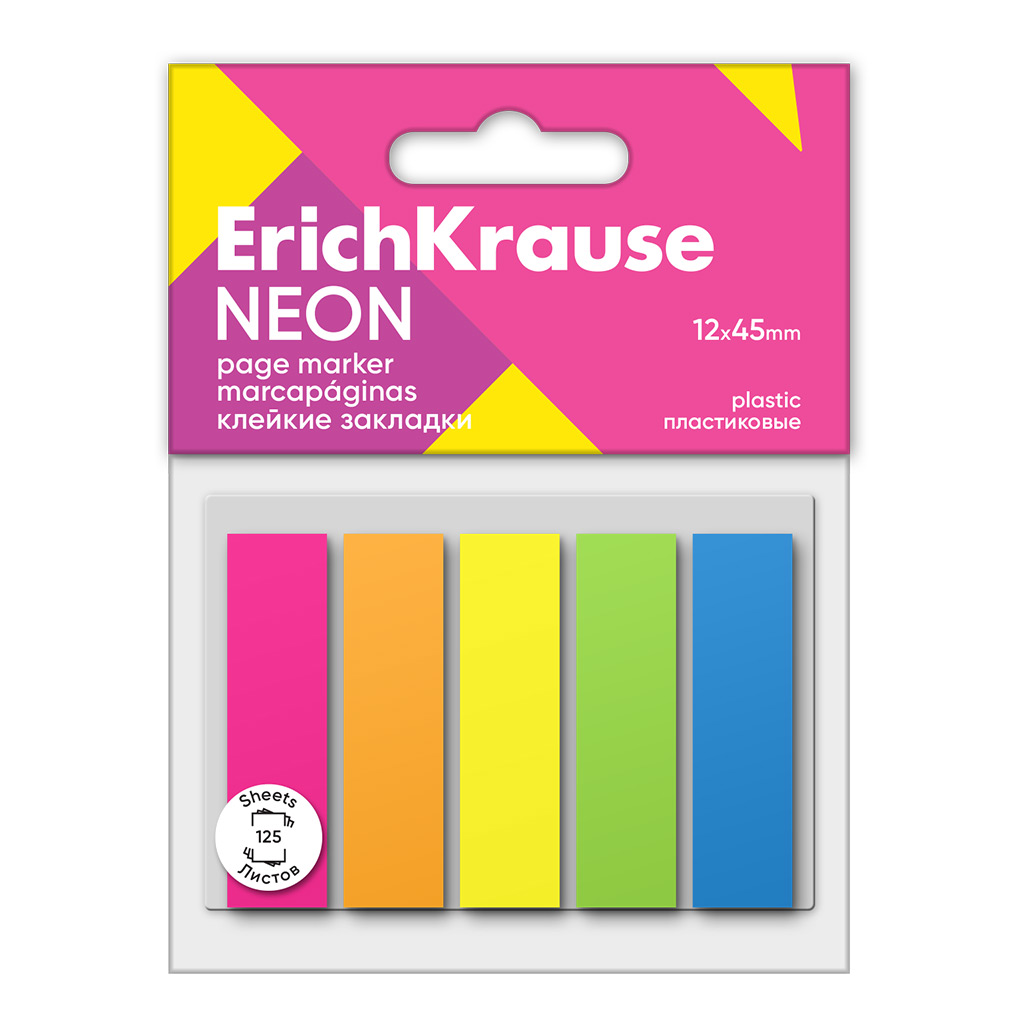 Клейкие закладки пластиковые Erich Krause Neon, 12х45 мм, 125 листов, 5 цветов Клейкие закладки пластиковые Erich Krause Neon, 12х45 мм, 125 листов, 5 цветов