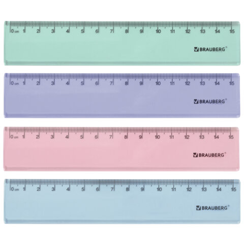 Линейка пластиковая 15 см BRAUBERG "PASTEL", тонированная, ассорти, Линейка пластиковая 15 см BRAUBERG "PASTEL", тонированная, ассорти,