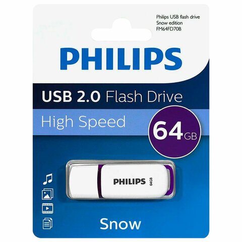 Флеш-диск 64 GB PHILIPS SNOW, разъем USB 2.0, фиолетовый, FM64FD70B/97 Флеш-диск 64 GB PHILIPS SNOW, разъем USB 2.0, фиолетовый, FM64FD70B/97