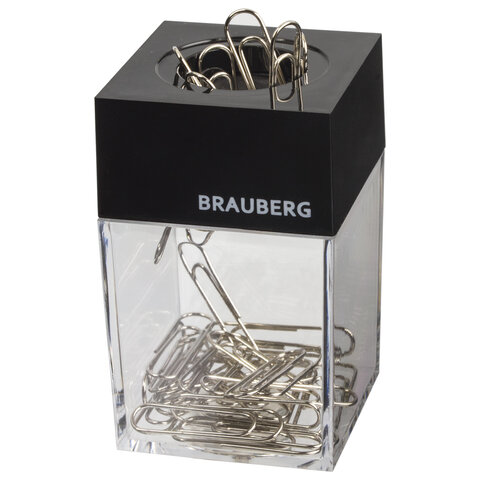 Скрепочница магнитная BRAUBERG с 30 скрепками, прозрачный корпус, черная крышка, Скрепочница магнитная BRAUBERG с 30 скрепками, прозрачный корпус, черная крышка,