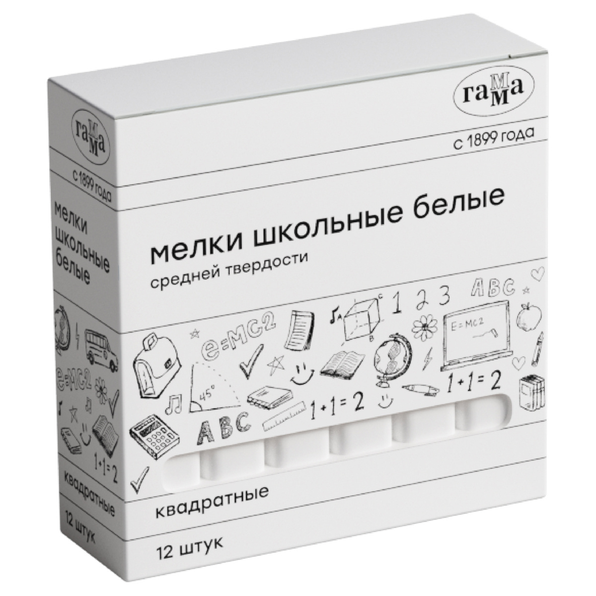 Мелки школьные Гамма, белые, 12шт., средней тверд., квадратные, картонная Мелки школьные Гамма, белые, 12шт., средней тверд., квадратные, картонная