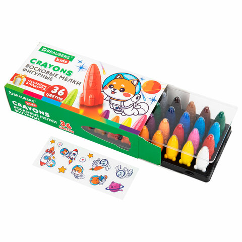 Восковые мелки фигурные BRAUBERG KIDS "РАКЕТА", НАБОР 36 цветов + Восковые мелки фигурные BRAUBERG KIDS "РАКЕТА", НАБОР 36 цветов +