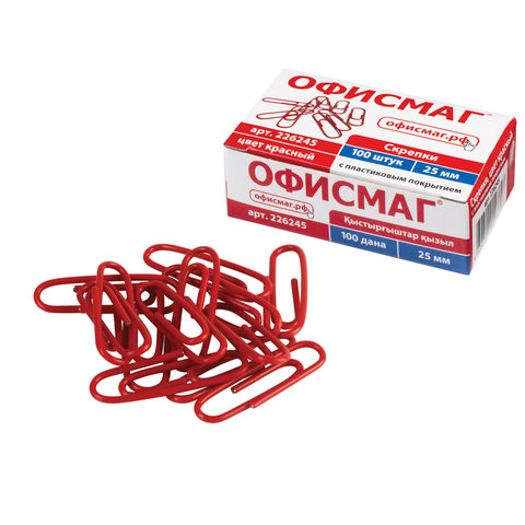 Скрепки ОФИСМАГ, 25 мм, красные, 100 шт., в картонной коробке, 226245 Скрепки ОФИСМАГ, 25 мм, красные, 100 шт., в картонной коробке, 226245