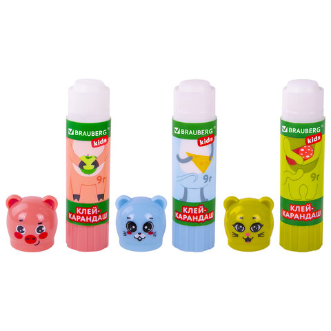 Клей-карандаш "Зверята: кошка, мышка, хрюшка", 9 г, фигурный колпачок,