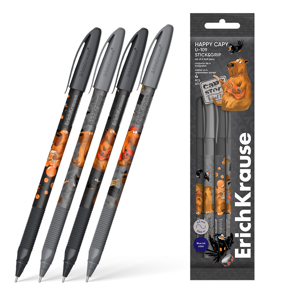 Набор из 4 ручек шариковых Erich Krause U-109 Stick&Grip Happy Capy 1.0, Набор из 4 ручек шариковых Erich Krause U-109 Stick&Grip Happy Capy 1.0,
