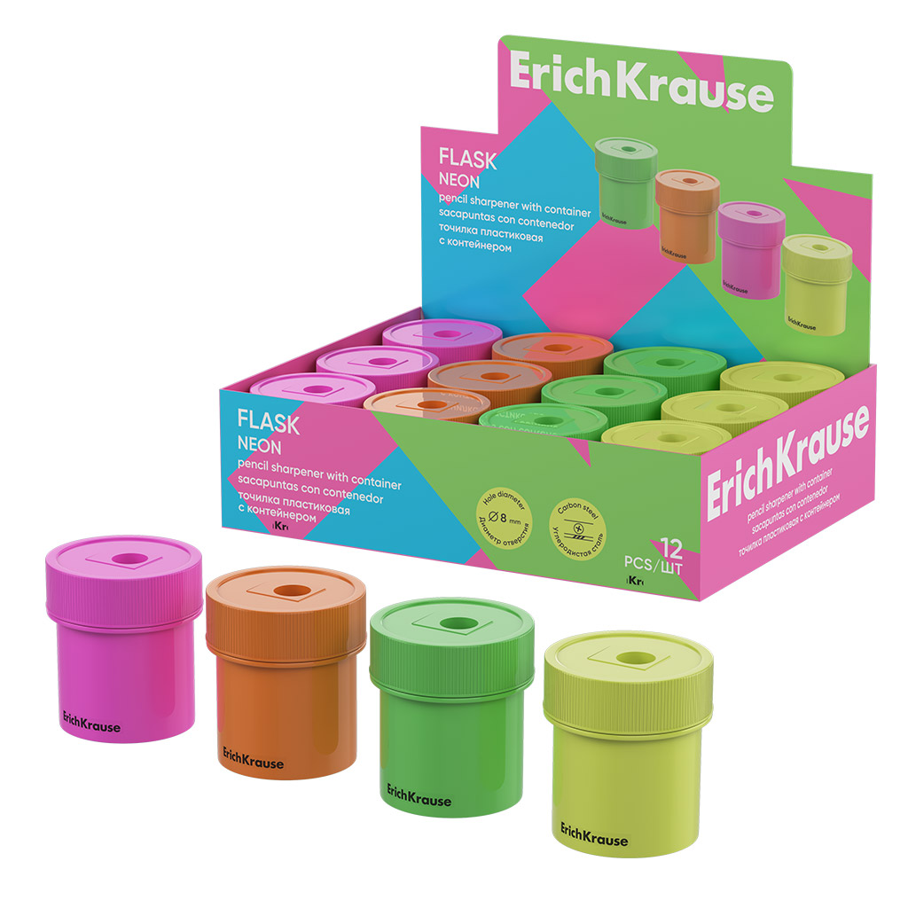 Точилка пластиковая ErichKrause Flask, Neon, с контейнером, ассорти (в Точилка пластиковая ErichKrause Flask, Neon, с контейнером, ассорти (в
