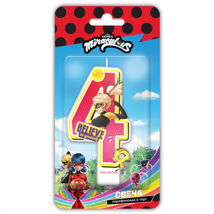 Леди Баг и Супер-Кот. Парафиновая свеча в торт (цифра 4 с героем) в блистере Леди Баг и Супер-Кот. Парафиновая свеча в торт (цифра 4 с героем) в блистере