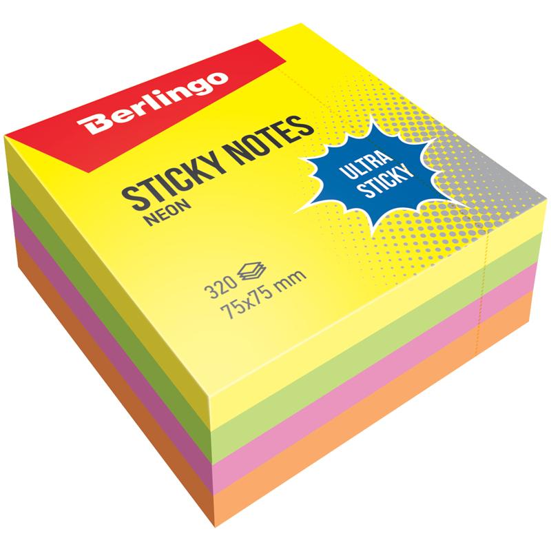 Самоклеящийся блок Berlingo "Ultra Sticky", 75*75мм, 320л, 4 неоновых Самоклеящийся блок Berlingo "Ultra Sticky", 75*75мм, 320л, 4 неоновых