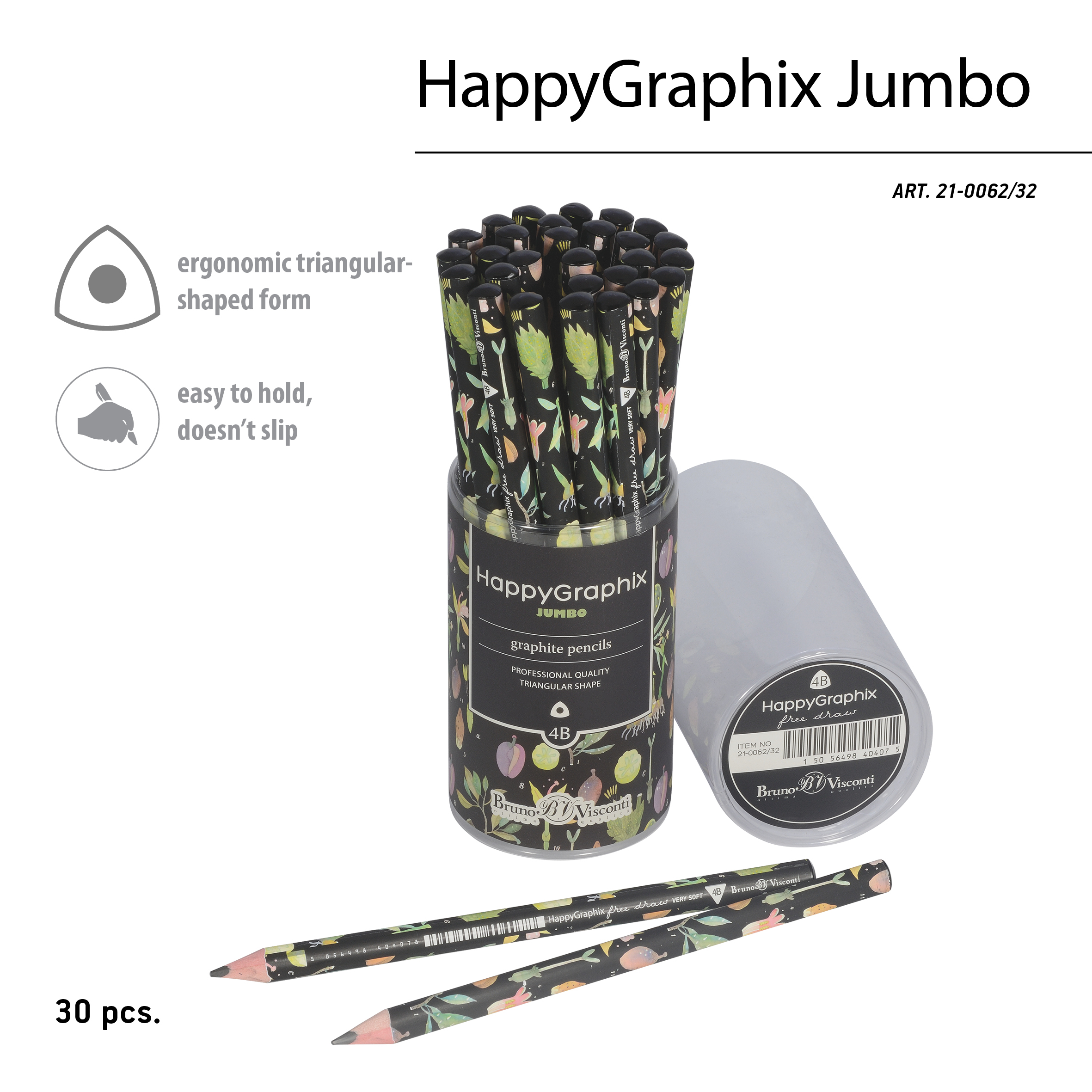 КАРАНДАШ ЧЕРНОГРАФИТОВЫЙ "HappyGraphix Jumbo. Ботаника" 4В, 3.5 MM