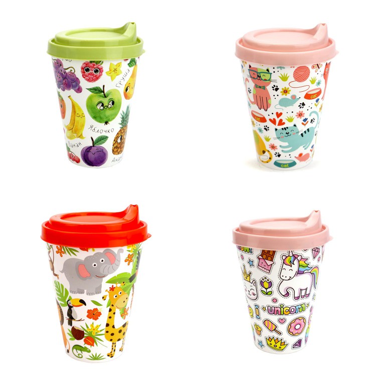 Стакан пластиковый 420 мл, c крышкой микс (микс 1)