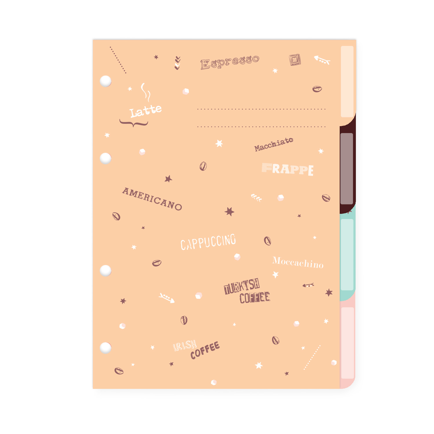 КОМПЛЕКТ РАЗДЕЛИТЕЛЕЙ ДЛЯ ТЕТРАДИ НА КОЛЬЦАХ А5, 4 Л. "COFFEE TIME" КОМПЛЕКТ РАЗДЕЛИТЕЛЕЙ ДЛЯ ТЕТРАДИ НА КОЛЬЦАХ А5, 4 Л. "COFFEE TIME"