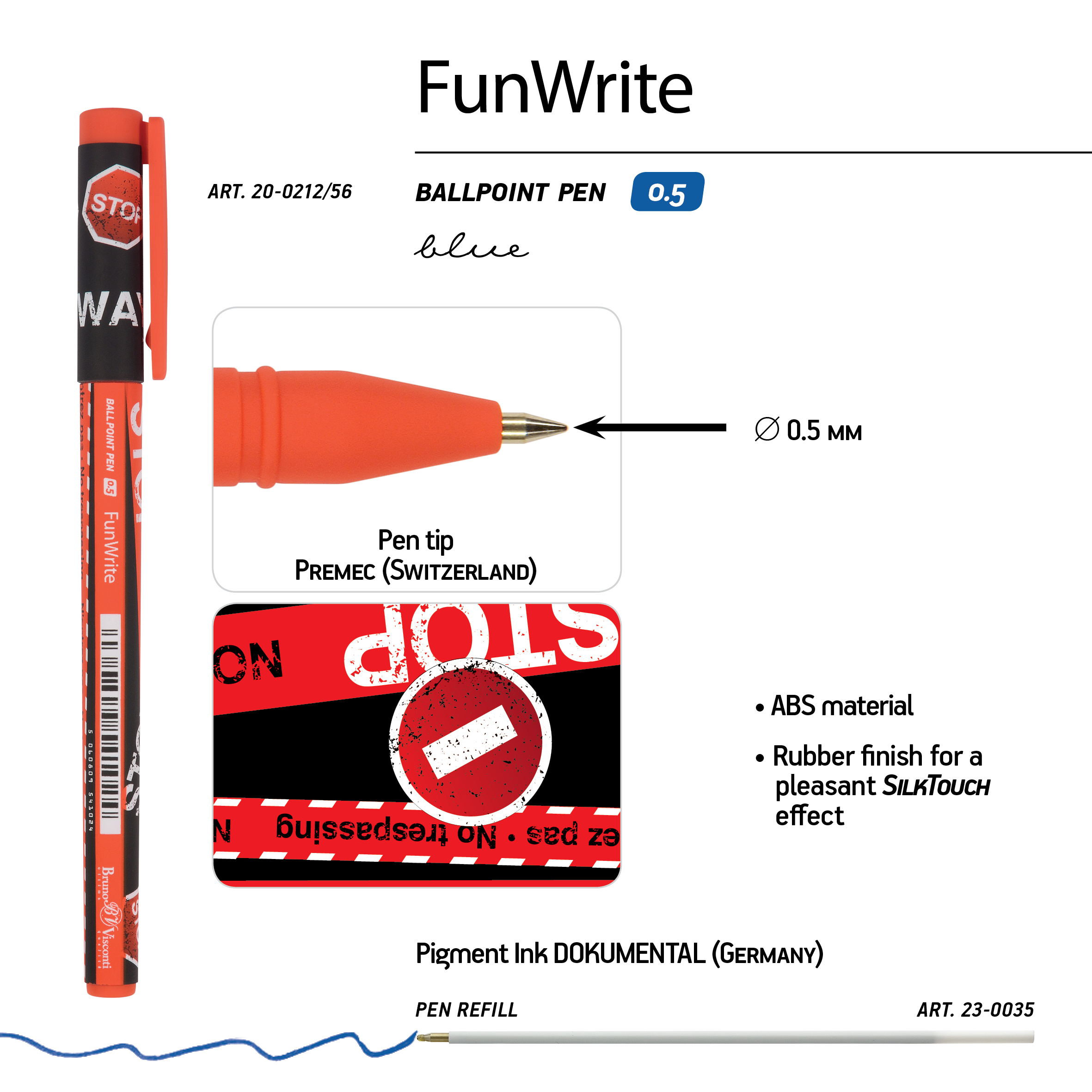 РУЧКА "FunWrite. Keep Away. Stop" ШАРИКОВАЯ, 0.5 ММ, СИНЯЯ