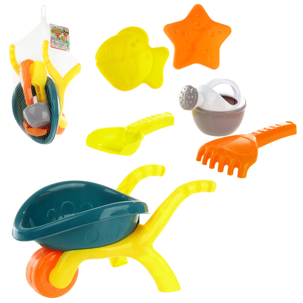 Песочный набор "Тележка", 32х17х17см, 6 предметов, сетка Песочный набор "Тележка", 32х17х17см, 6 предметов, сетка